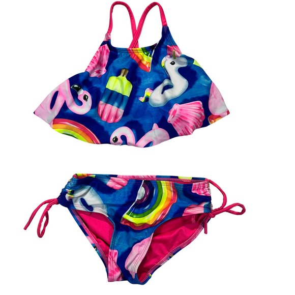 Justice Other - Justice Bikini Swimsuit‎ Girls 6/7 Pink Flamingo Rainbow Unicorn Flounce 2PC